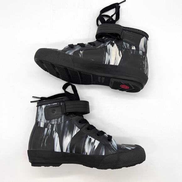 HUNTER Lace Up Rain Boots Womens 6 Black White Nightfall Marbled Rubber Bootie - Picture 5 of 11